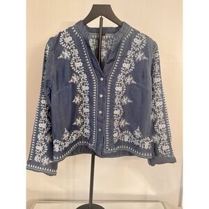Embroidered Boho Chambray Button Blouse Sz L Blue‎ White Floral Tencel Top